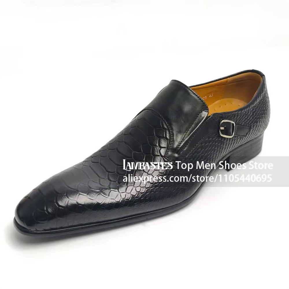 Monk Strap Shoe - Black Snake Embossed Side Buckle Monk